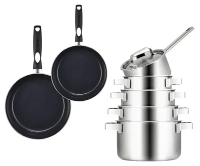 Produktbild von Sola Kochgeschirr Set Ruby 7-teilig Premium Triply RVS - Kochtopf ø 16, 18, 20 und 24 cm und Stielkasserolle ø 16 cm & BEKA Bratpfannen Pro Induc ø 24 & 28 cm