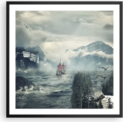 Produktbild von Gerahmtes Poster - Schwarzer Rahmen - Sturm Berge Segelschiff - 60x60 cm - Wand Bild - Wanddeko - Wandbilder - Wandposter - Bilderrahmen - Bilder - Kunstdruck - Wandbild - P2BAC60x60-4208
