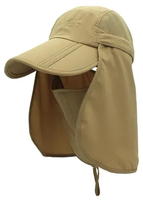 Produktbild von Angelhut, Sonnenhut, Outdoor-Wanderhut mit abnehmbarem Netzgewebe, abnehmbarem Gesichts- und Nackenschutz, winddichtem Gürtel, Khaki