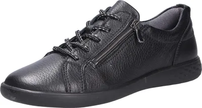 A black leather sneaker with laces and a zipper is shown against a white background.