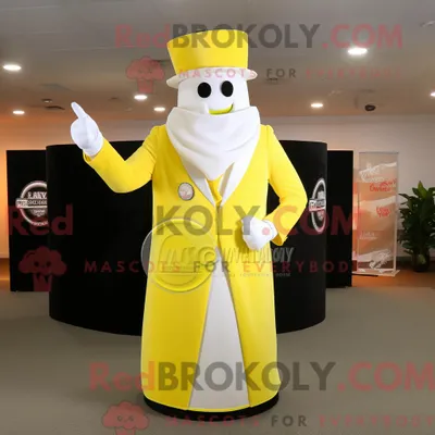 Produktbild von Maskottchen REDBROKOLY eines zitronengelben Zirkusdirektors mit Anzugjacke und Umhang