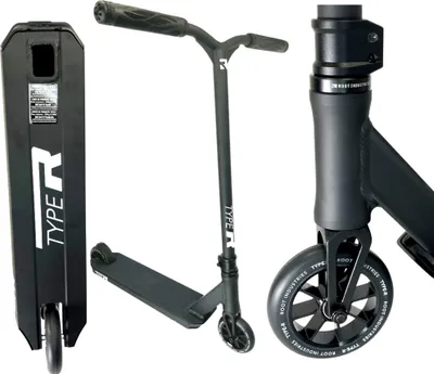 A black freestyle roller scooter is shown from multiple angles against a white background.