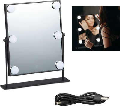 Produktbild von Relaxdays Hollywood Spiegel mit LED Beleuchtung, Touch-Steuerung, 3 Lichtstufen, 6 Glühbirnen, Batterie o. USB, schwarz