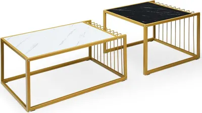 Immagine prodotto di Set di 2 tavolini, tavolino, tavolino moderno in marmo, giallo + nero + bianco