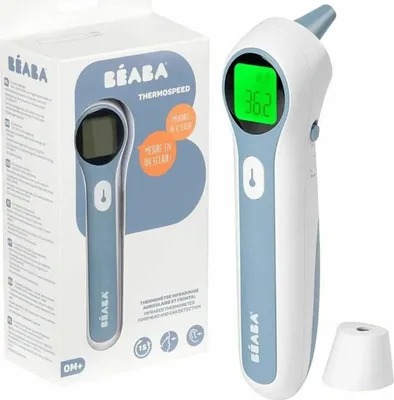 A Beaba Thermospeed infrared thermometer and its packaging are displayed against a white background.
