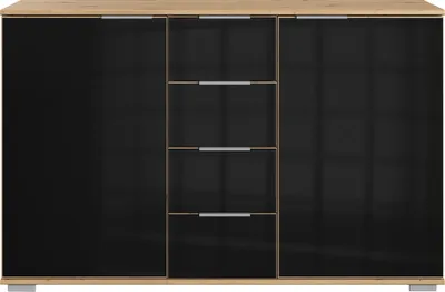 Produktbild von Schlafzimmer Sideboard in Artisan Eiche Nb. mit schwarzem Glas ELSTRA-43, B/H/T ca. 130/83/41 cm