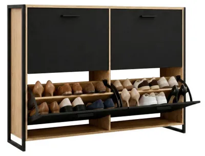 Image de CASABEL Meuble à Chaussures 4 Abattants - Armoire à Chaussures Design - Meuble de Rangement Entrée 24 Paires - Cadre Noir - Abattant Bois