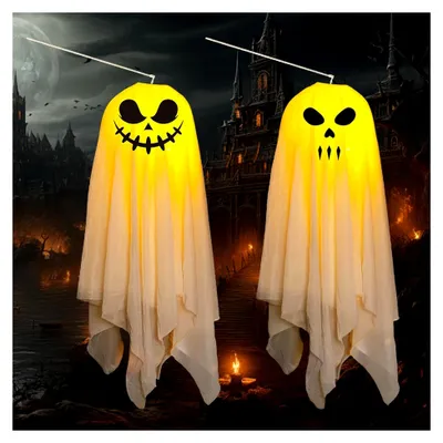 Produktbild von 2 Stück Halloween Hängende Geister Dekoration, Halloween Geist Deko Hängegeister Vorgarten Fenster Terrasse Hängedekoration Garten Außendekorationen (Weiß)