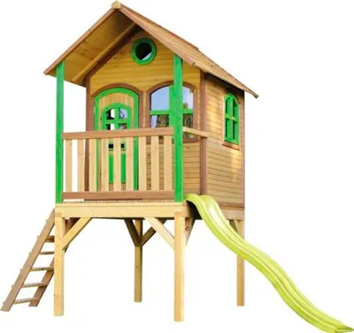 Produktbild von AXI Spielhaus Laura mit hellgrüner Rutsche | Stelzenhaus in Braun & Grün aus Holz für Kinder | Spielturm mit Wellenrutsche für den Garten