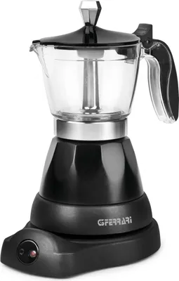 A black electric moka pot coffee maker with a clear glass upper chamber and a silver trim, shown on a white background.