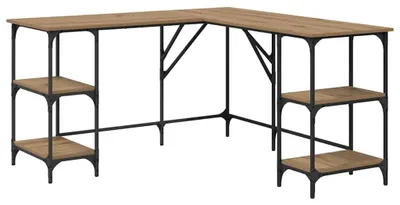 Image de Bureau en forme de L, style industriel, en bois massif de chêne - 139x139x75 cm
