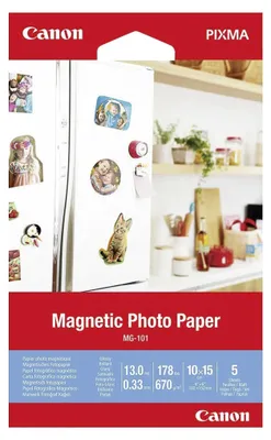 The image shows the packaging of Canon Magnetic Photo Paper, with a refrigerator in the background decorated with magnetic photos.