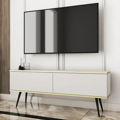 Productafbeelding van TV-meubel FORNO, wit, goud, glamour, Art Deco stijl, 135 cm, met zwarte poten