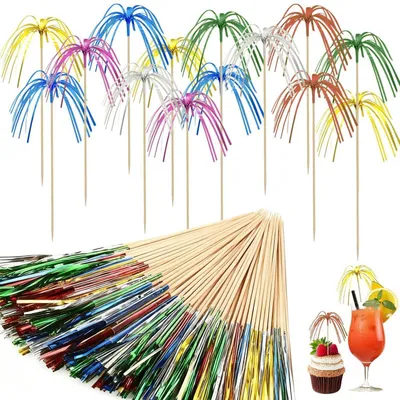 Immagine prodotto di Spiedini per cocktail, effetto "fuoco d'artificio", 200 pezzi, 23 cm, colorati, ideali per feste e decorazioni
