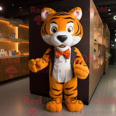 Produktbild von Orange REDBROKOLY Tiger Maskottchen Kostüm Charakter gekleidet mit einem Blazer und Fliege