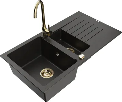 Produktbild von Mexen Matias 1,5-Becken-Granitspüle mit Abtropffläche und Mischbatterie Telma, Schwarz/Gold - 6502-75-670200-50
