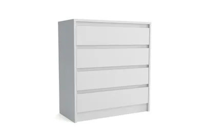 A white chest of drawers with four drawers against a white background.