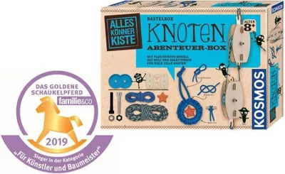 A product box for a knot-tying adventure kit, with a seal of award on the left.