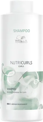 A white bottle of Wella Professionals Nutricurls shampoo with green abstract designs.