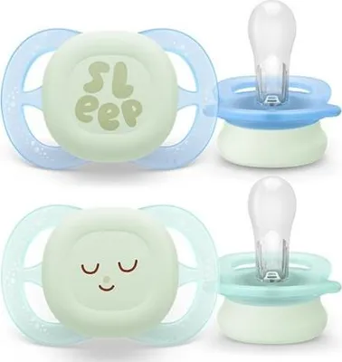 Two Philips AVENT pacifiers are shown, one blue and one green, against a white background.