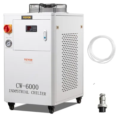 Obrázok produktu pre Priemyselný vodný chladič VEVOR, CW6000, 1500 W chladiaci systém s vodným chladičom a kompresorom, objem vodnej nádrže 15 l, max. prietok 65 l/min, na chladenie strojov na gravírovanie CO2 laserom