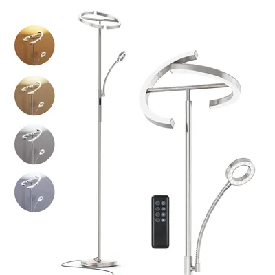 Zdjęcie produktu dla Anten LED lampa podłogowa Ściemnialna srebrna lampa podłogowa 20W z elastyczną lampką do czytania 7W Nowoczesny reflektor sufitowy z pilotem 2500LM do salonu biura