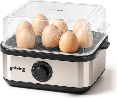 Produktbild von Goliving Eierkocher 2-in-1 – 1 bis 8 Eier – Kochen, Pochieren, Omelett – Hart, weich und mittel gekocht – Elektrisch – Mit Timer