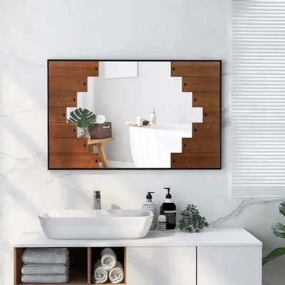 Image de Miroir mural - Rectangulaire - Cadre en bois - 66 x 95 cm - Style rustique