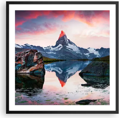 Produktbild von Gerahmtes Poster - Schwarzer Rahmen - Berge Felsen Wasser - 60x60 cm - Wand Bild - Wanddeko - Wandbilder - Kunstposter - Wandposter - Bilderrahmen - Bilder - Kunstdruck - Wandbild - P2BAC60x60-3892