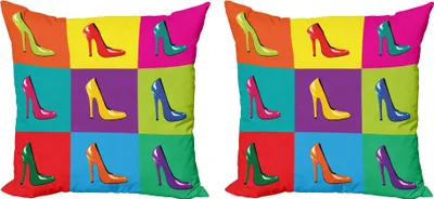 Zdjęcie produktu dla Zestaw poszewek na poduszki ABAKUHAUS na wysokie obcasy (2 sztuki), niezwykle kolorowa ilustracja butów na wysokim obcasie Sassy Retro Pop Art, 50 x 50 cm, wielokolorowy