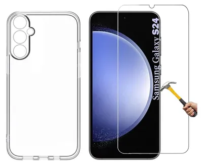 A clear plastic phone case and a screen protector for a Samsung Galaxy S24 are displayed side-by-side on a white background. A hand is shown holding a hammer, implying the durability of the screen protector.