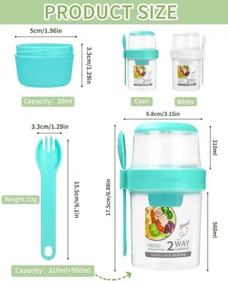 Produktbild von Famanu Müsli-Becher To Go - Doppelwandig, Lekfrei, Mit Löffel - Weiß+Grün (310 ml+560 ml)
