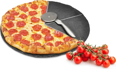 Produktbild von Pizzateller Set ø36cm aus Schiefer mit Pizzaschneider Pizzaschneidebrett Pizzabrett