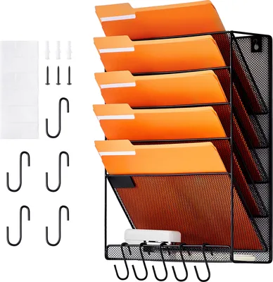 Image de SucceBuy Étagère murale pour dossiers, porte-documents mural monobloc en maille avec 6 compartiments, dossier de rangement monté au mur pour magazines, courrier, papier et documents