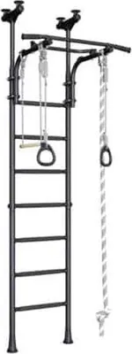 Produktbild von Sprossenwand für Kinder Indoor Klettergerüst aus Metall mit Gymnastikschaukel und Gymnastikräder  – Comet 5, schwarz elite