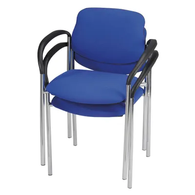 A close-up studio shot of a stack of blue chairs with chrome legs and black armrests.