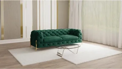 Produktbild von S-STYLE MÖBEL - Chesterfield Sofa 3-Sitzer Nova mit Goldene Metall Füßen aus Flasche Grün Samtstoff, B/T/H: 225 cm/ 100 cm/ 75 cm