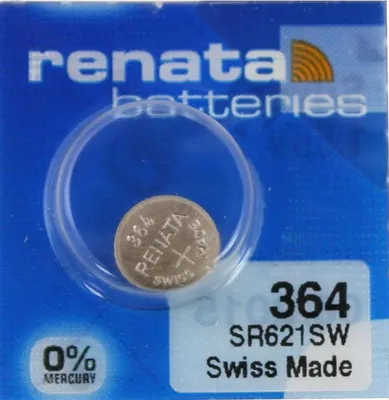 A Renata watch battery packaged in a blue blister pack.