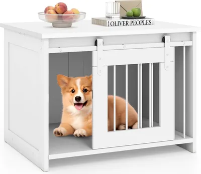 Produktbild von GOPLUS Hundekäfig Holz, Hundebox für Zuhause mit Schiebetür, abschließbares Hundehaus Indoor, Haustierkäfig Beistelltisch 80 x 60 x 60 cm (Weiß)