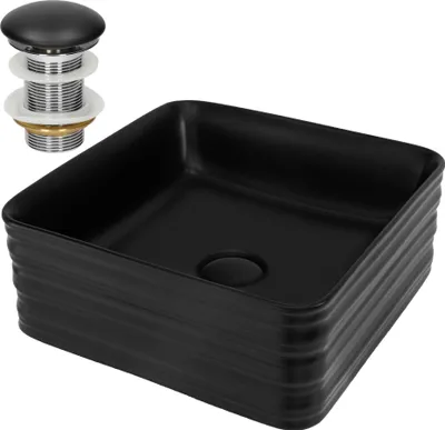 Produktbild von LuxeBath Waschbecken Aufsatzwaschbecken Quadratisch, 39x39x15 cm, Schwarz, aus Keramik, inkl. Ablaufgarnitur ohne Überlauf