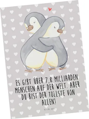 Produktbild von Mr. & Mrs. Panda Grußkarte Pinguine Kuscheln - Grau Pastell - Geschenk, Postkarte, Freund, für Freundin, Hochzeitstag, Valentinstag, Postkarten, bildkarte, Ansichtskarte