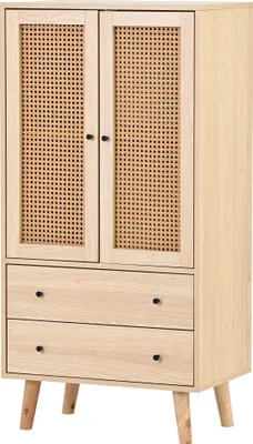 Produktbild von Flieks Kommode Sideboard mit 2 Schubladen und 2 Türen, Rattan Wohnzimmerschränke Stehschrank TV Tisch 60x40x120cm