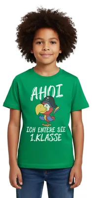 Produktbild von Spreadshirt Einschulung Pirat Papagei Ahoi Entere Erste Klasse Kinder T-Shirt, 122/128 (7-8 Jahre), Kelly Green