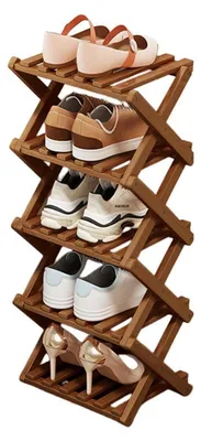 Immagine prodotto di Scaffale pieghevole verticale per scarpe, in legno marrone, con 5 ripiani, dimensioni 28x25x149 cm