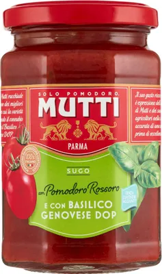A jar of Mutti tomato sauce with basil.