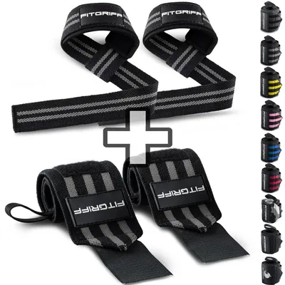 Produktbild von Fitgriff® Handgelenk Bandagen + Zughilfen (2er Set) - für Krafttraining, Fitness, Bodybuilding, Gewichtheben, Gym, Kraftsport - für Frauen und Männer (Black/Grey)