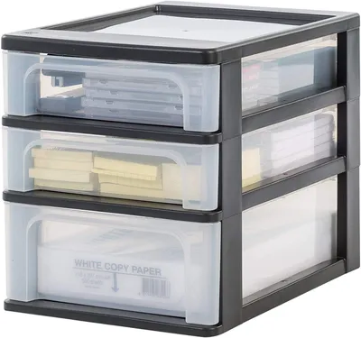 Produktbild von IRIS OHYAMA Schubladencontainer DIN-A4 2 flache + 1 hohe Schubladen, schwarz-tansparent 6174