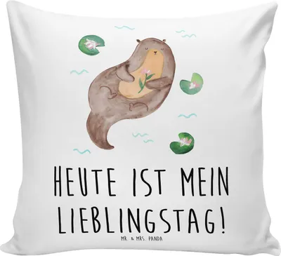Produktbild von Mr. & Mrs. Panda kuschelkissen 40x40 Otter Seerose - Weiß - Geschenk, Deko Kissen, Lieblingstag, Seeotter, Polster, Sofa, Fluss, Wasser, Sofakissen