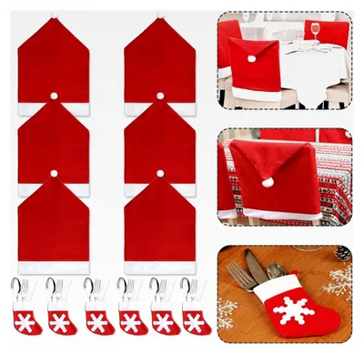 Produktbild von Stuhlhussen Set für Weihnachten, 6 Stück, rote Universal-Stuhlhussen mit Bestecktasche für Tischdekoration