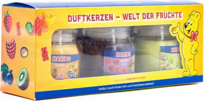 Zdjęcie produktu dla Haribo świeczki zapachowe w słoiku - świeczki zapachowe owocowe - świeczka w słoiku - słoik na świeczkę - świeczki zapachowe w słoiku - świeczki Haribo - lampion z zapachem - zestaw 3 - 255g Berry Mix, Coconut Lime, Tropical Fun